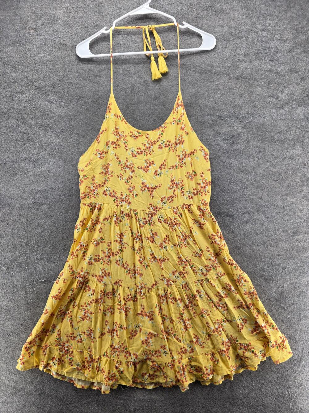 Promesa Dress Womens L Yellow Sundress Trapeze & Swing Halter Floral Tassel